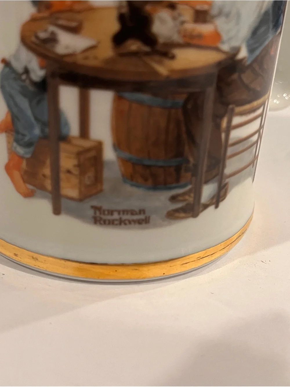 Vintage 1985 Norman Rockwell White and Gold Illustrated Ceramic Mugs - Pair